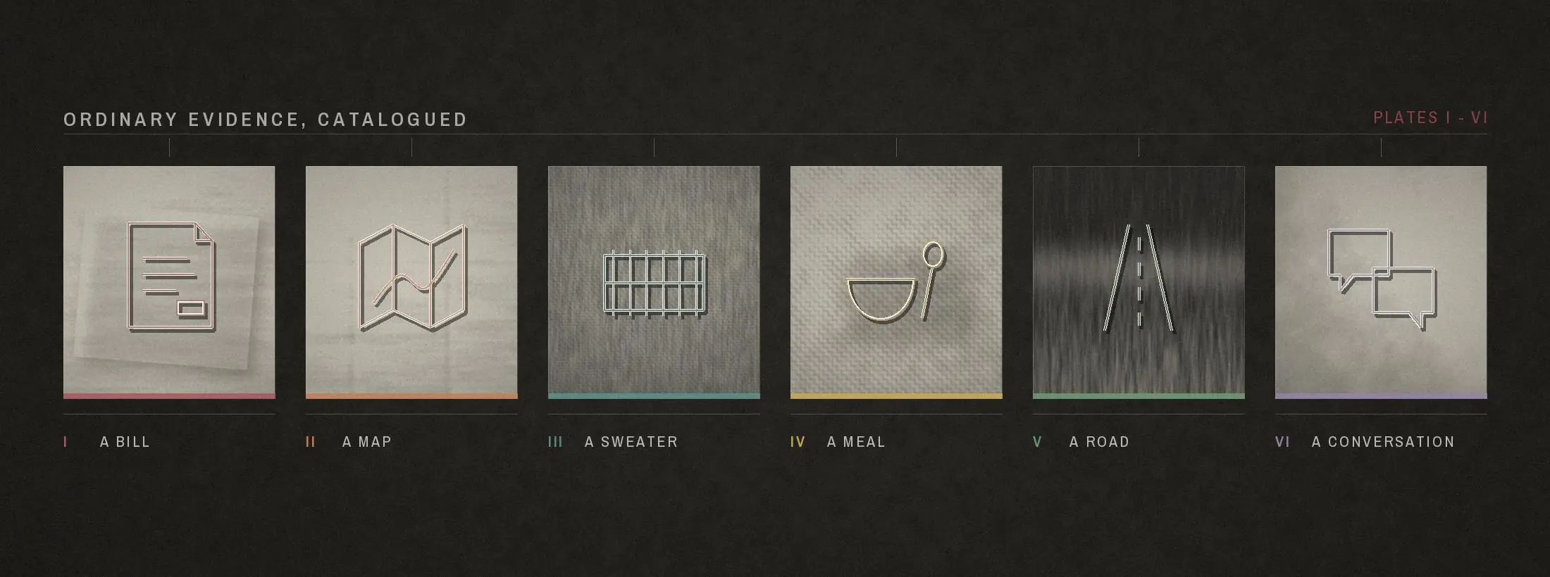 Six pieces of ordinary evidence, catalogued as plates I to VI